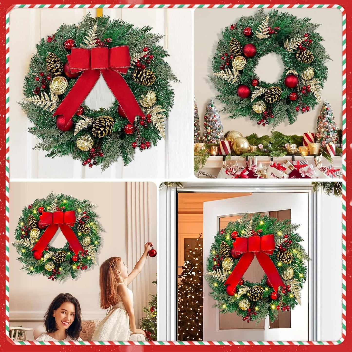 Waipfaru Prelit Christmas Wreath with Lights,16 inch Artificial Holiday Wreath with Red Bow,Battery Operated, Front Door Christmas Decorations Indoor Outdoor