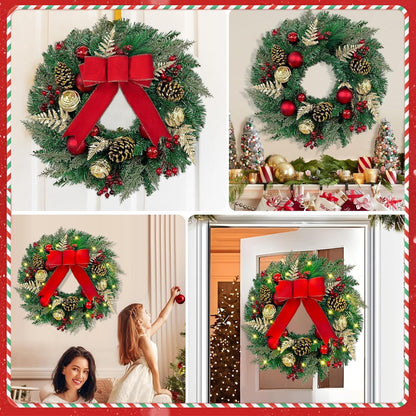 Waipfaru Prelit Christmas Wreath with Lights,16 inch Artificial Holiday Wreath with Red Bow,Battery Operated, Front Door Christmas Decorations Indoor Outdoor