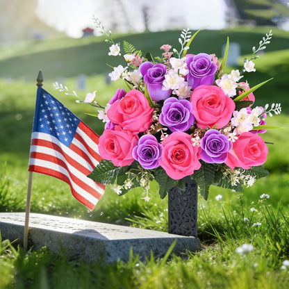Yastouay Set of 2 Artificial Cemetery Flowers with Vase, Purple Pink Rose Bouquet Memorial Day Flowers for Cemetery Grave