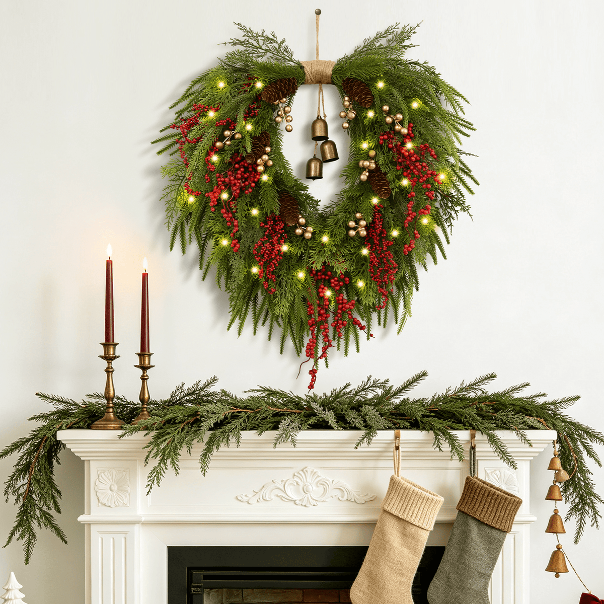 Yastouay 24" Christmas Wreath with Lights Bells, Artificial Heart Shape Norfolk Pine Wreath with Red Berries for Wall Porch Home Xmas Decor