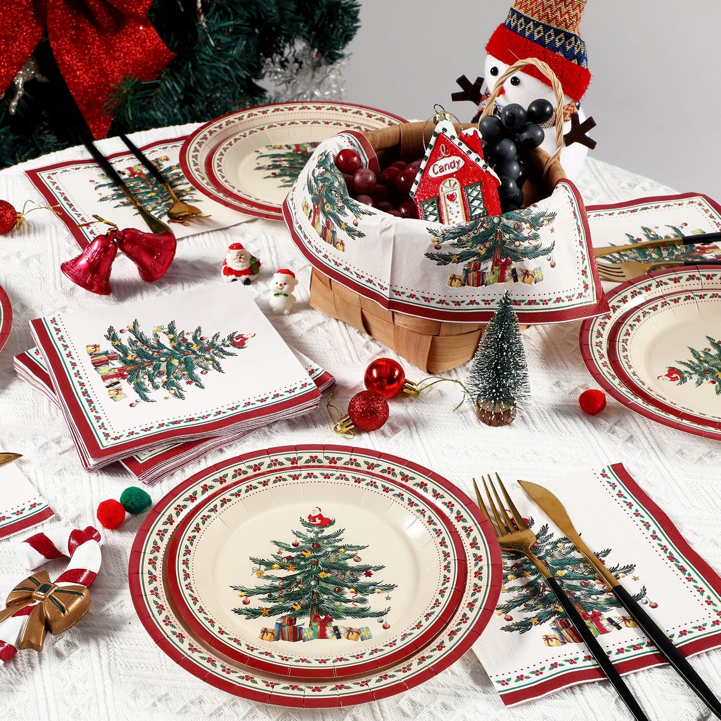 Waipfaru 200 Pcs Merry Christmas Dinnerware Set,Christmas Tree Paper Plates, Napkins & Party Supplies for 50 Guests