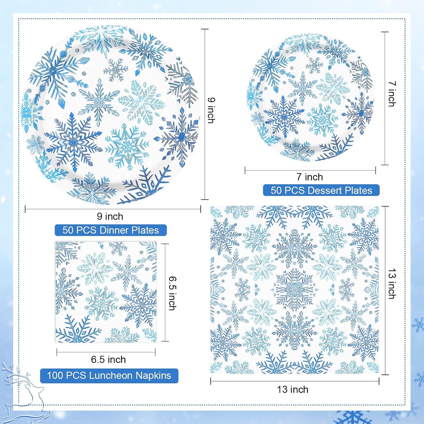 Waipfaru 200 PCS Christmas Party Supplies Disposable Plates Napkins Set,Blue Christmas Tableware Set Dinner Lunch Dessert Appetizer Decoration Xmas Party, Serve 50