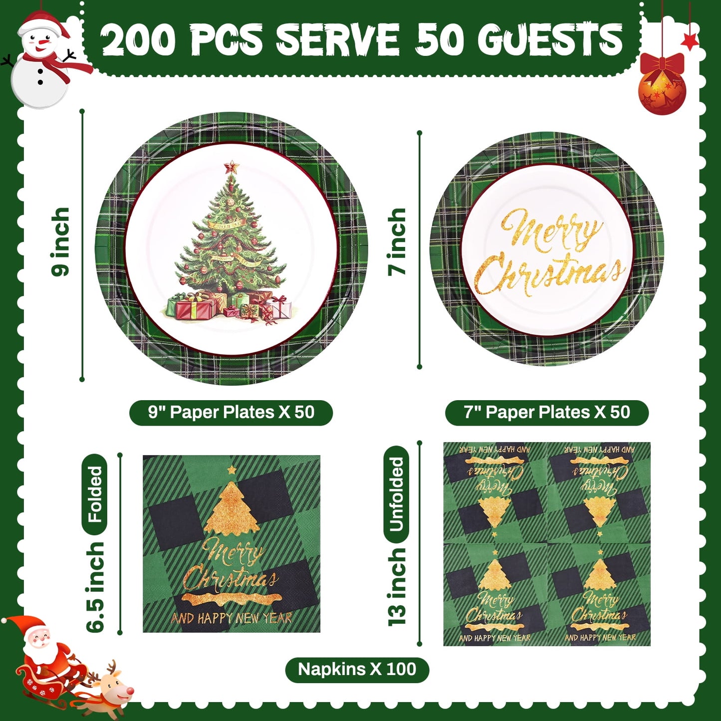 Waipfaru 200 Pcs Merry Christmas Dinnerware Set,Christmas Tree Paper Plates, Napkins & Party Supplies for 50 Guests