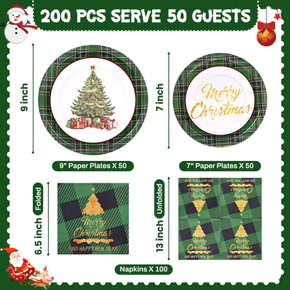 Waipfaru 200 Pcs Merry Christmas Dinnerware Set,Christmas Tree Paper Plates, Napkins & Party Supplies for 50 Guests