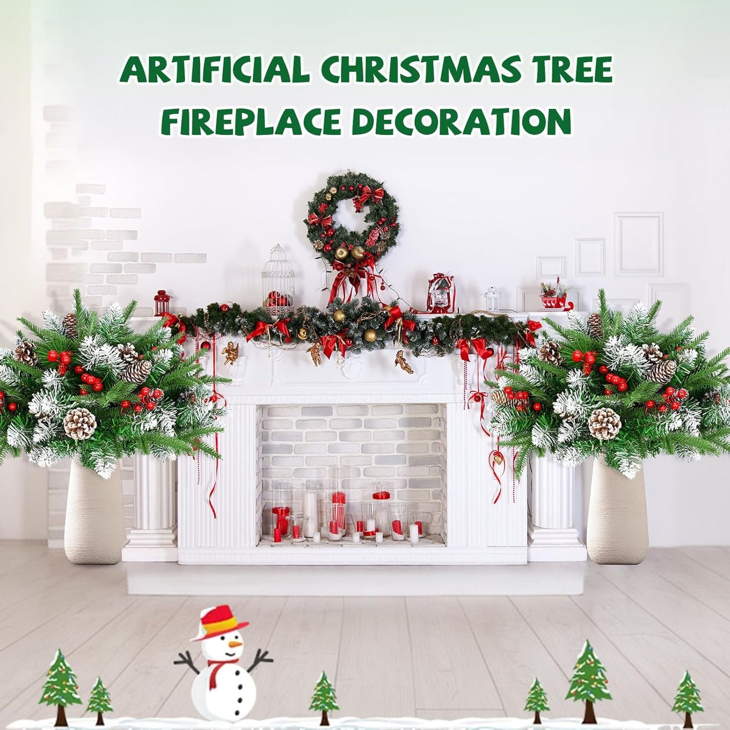 Waipfaru Set of 2 Lighted Artificial Christmas Urn Filler,21inch Pre-lit Xmas Pine Trees with Cones,Red Berries,Tripod Stake and 50 LED Lights,Outdoor Holiday Home Decor