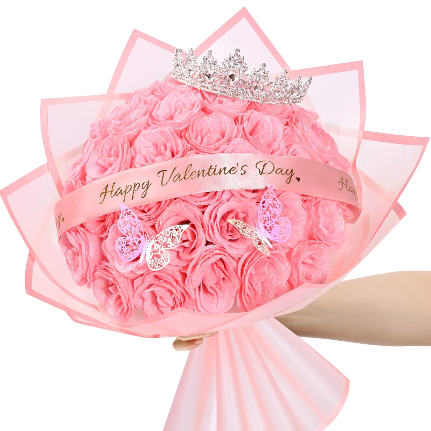 Yastouay Valentines Day Glitter Roses Bouquet,36pcs Pink Roses Artificial Flowers for Wedding Valentines Gifts for Her