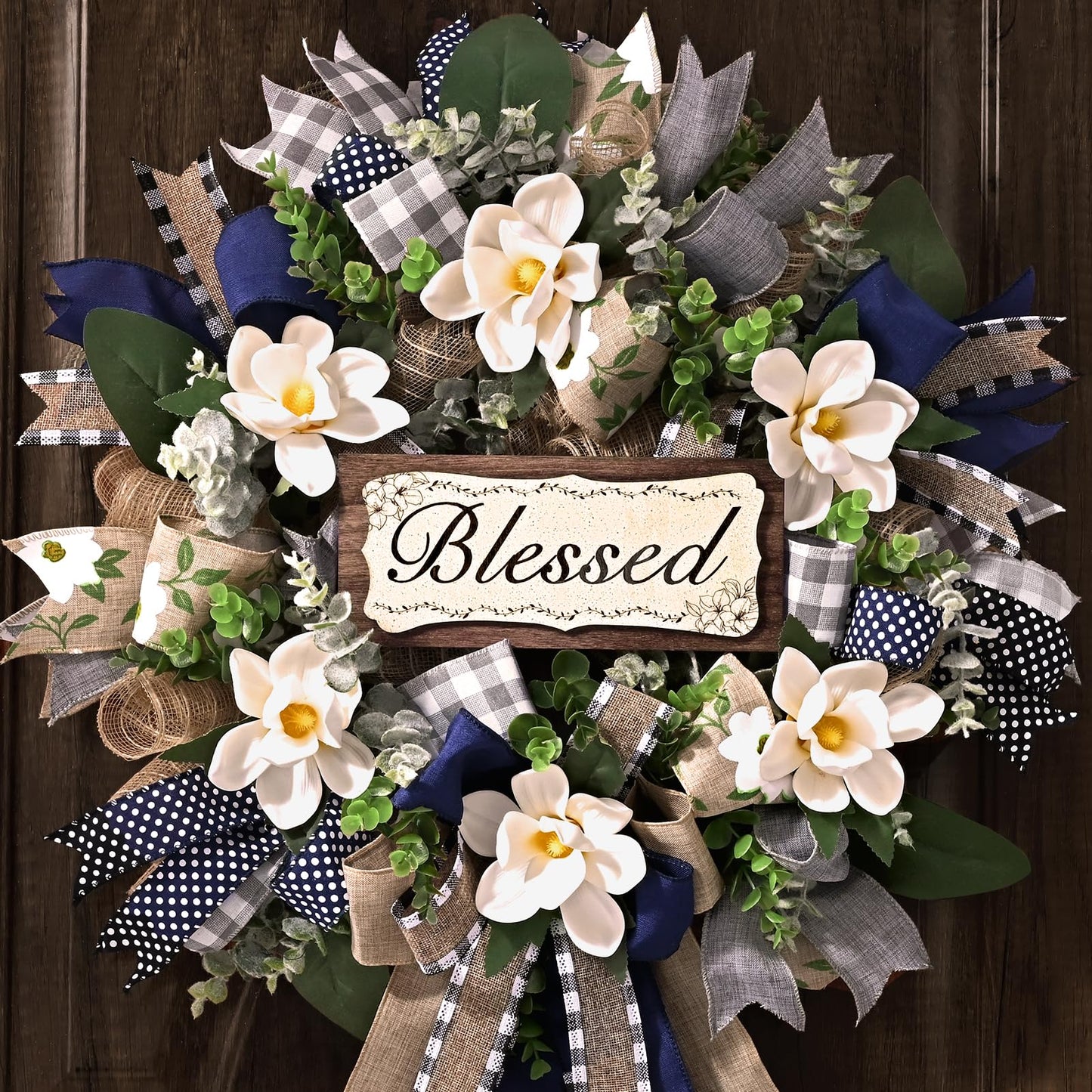 Yastouay 22 Inch Spring Wreaths for Front Door,Magnolia Wreath Buffalo Plaid Door Wreath for Farmhouse Decor