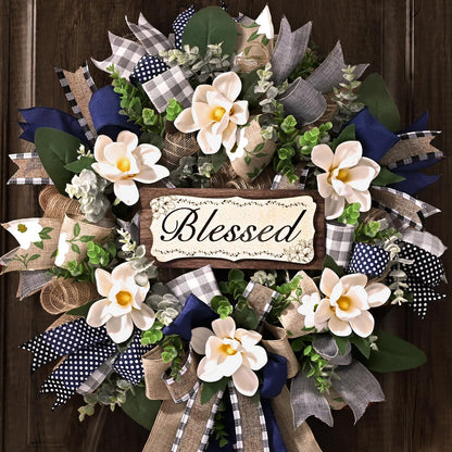 Yastouay 22 Inch Spring Wreaths for Front Door,Magnolia Wreath Buffalo Plaid Door Wreath for Farmhouse Decor