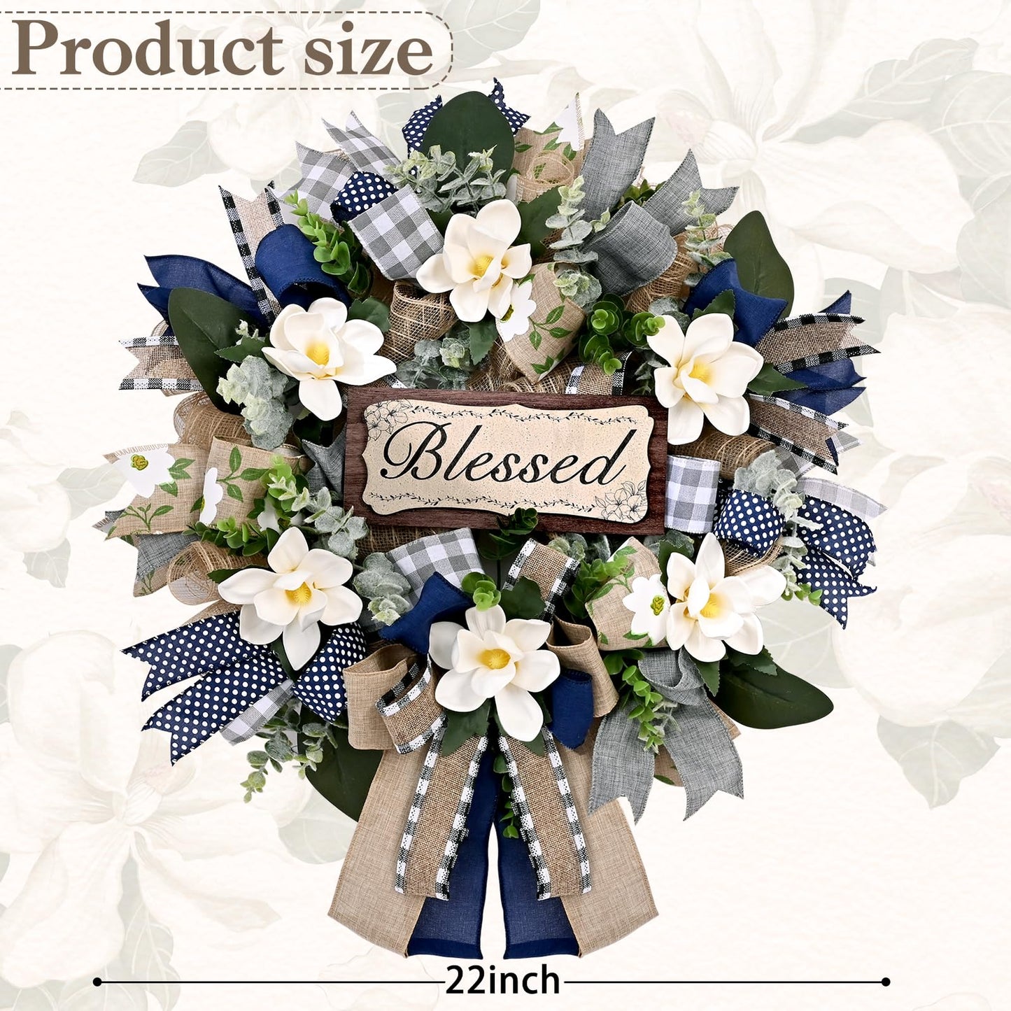 Yastouay 22 Inch Spring Wreaths for Front Door,Magnolia Wreath Buffalo Plaid Door Wreath for Farmhouse Decor