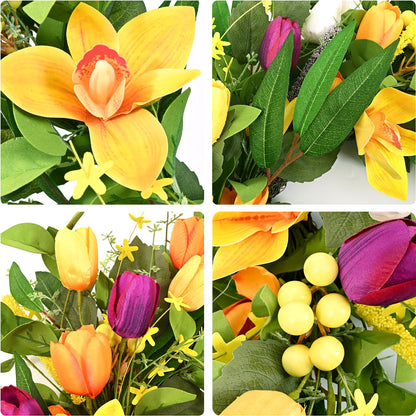 Yastouay 24 inch Spring Wreaths for Front Door, Artificial Tulip Summer Door Wreath for Farmhouse Home Porch Decor