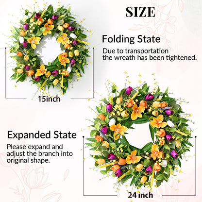 Yastouay 24 inch Spring Wreaths for Front Door, Artificial Tulip Summer Door Wreath for Farmhouse Home Porch Decor