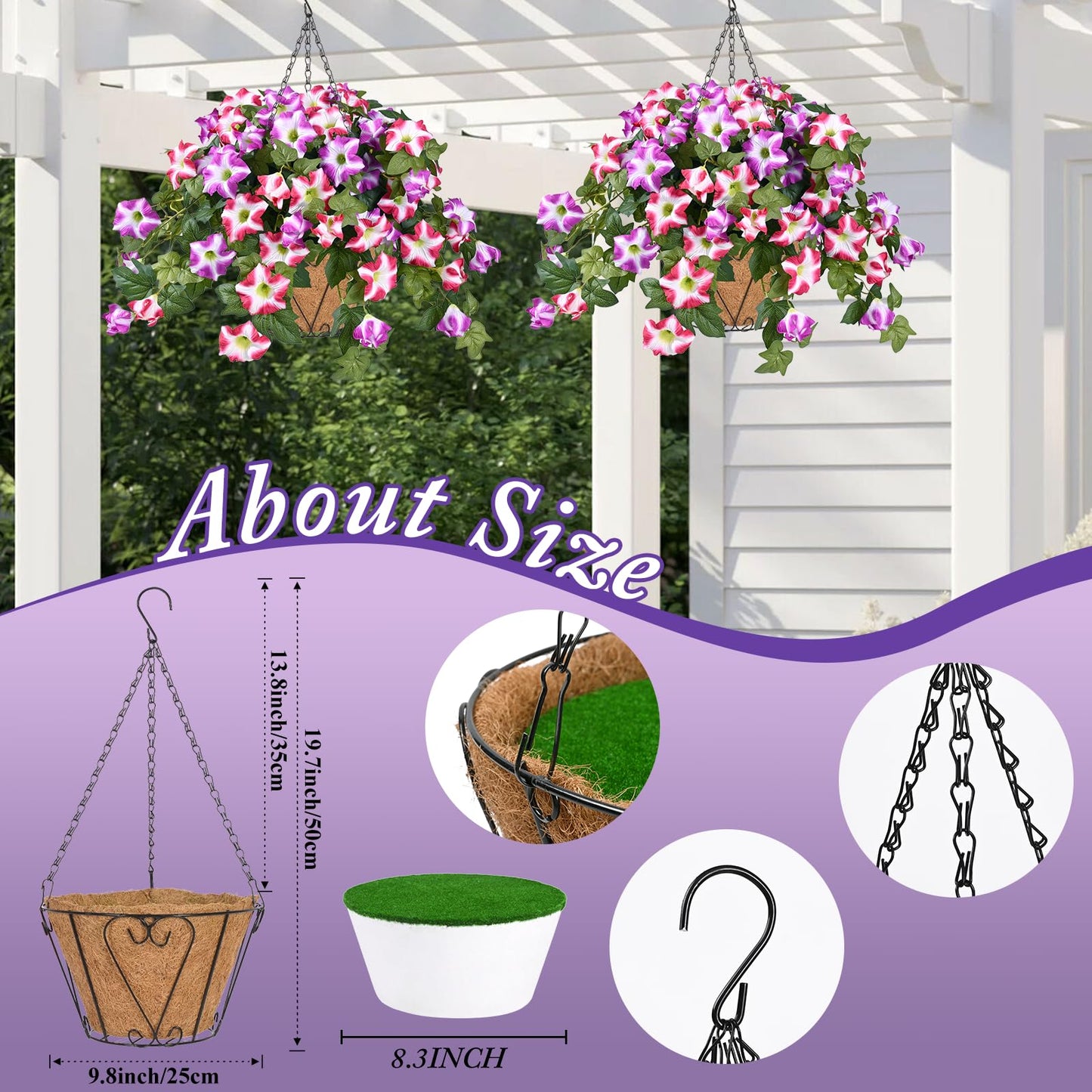 Yastouay 3Pcs Artificial Petunias Hanging Baskets,Purple White UV Resistant Artificial Hanging Flowers for Outdoors,Easter Basket for Home Garden Porch Decor