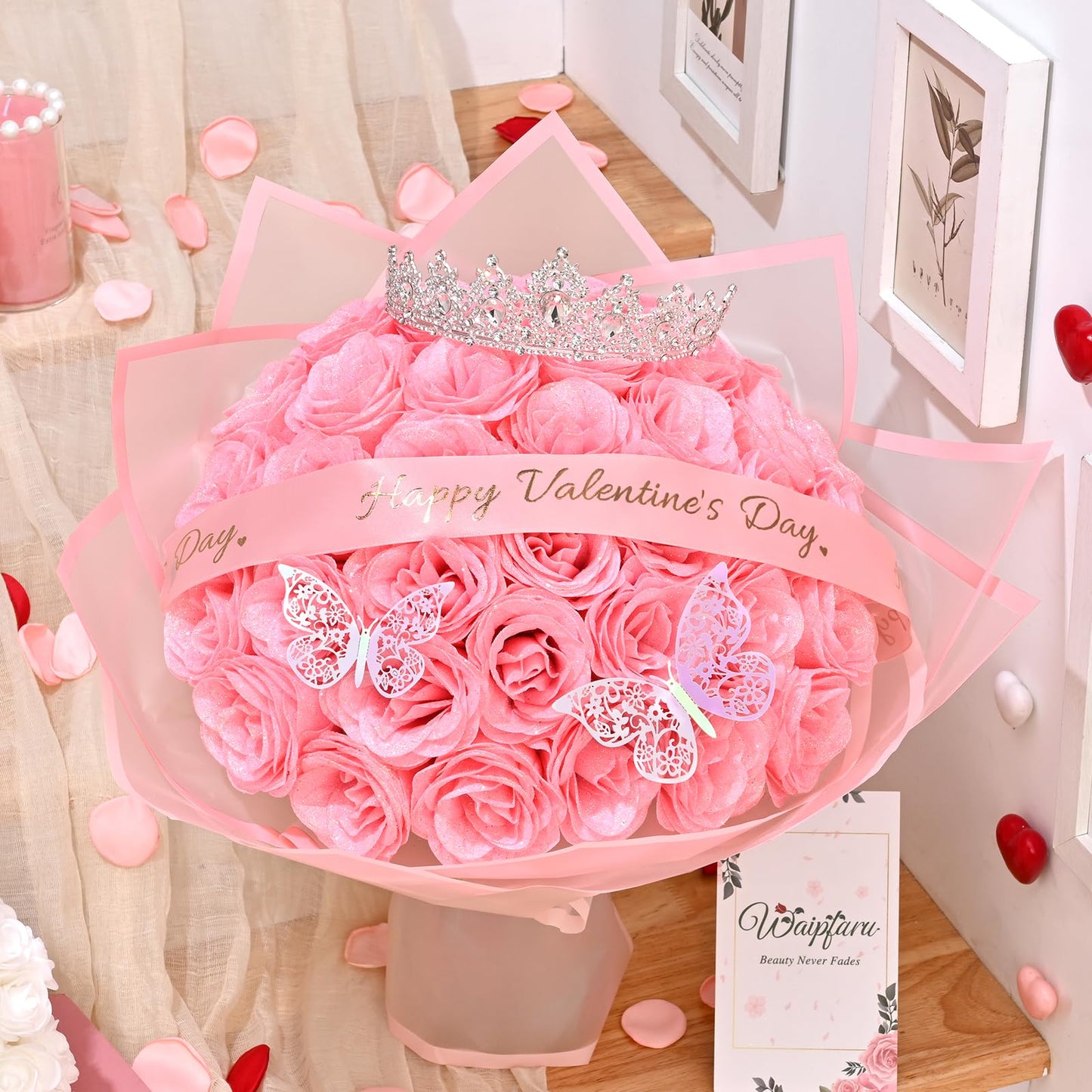 Yastouay Valentines Day Glitter Roses Bouquet,36pcs Pink Roses Artificial Flowers for Wedding Valentines Gifts for Her