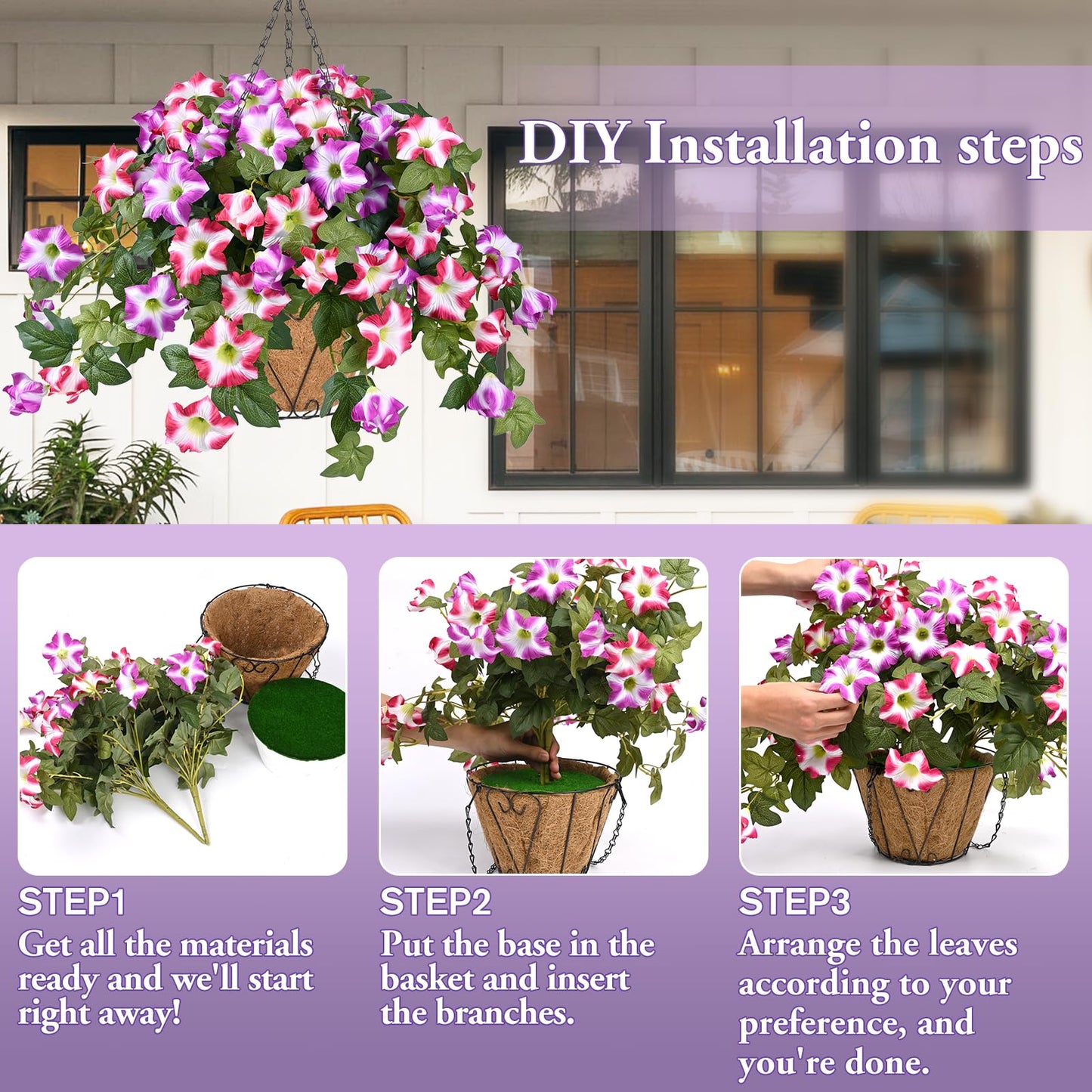 Yastouay 3Pcs Artificial Petunias Hanging Baskets,Purple White UV Resistant Artificial Hanging Flowers for Outdoors,Easter Basket for Home Garden Porch Decor