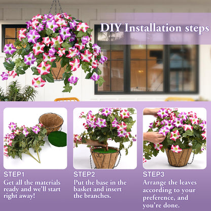 Yastouay 3Pcs Artificial Petunias Hanging Baskets,Purple White UV Resistant Artificial Hanging Flowers for Outdoors,Easter Basket for Home Garden Porch Decor