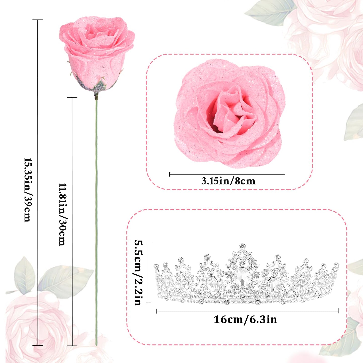 Yastouay Valentines Day Glitter Roses Bouquet,36pcs Pink Roses Artificial Flowers for Wedding Valentines Gifts for Her