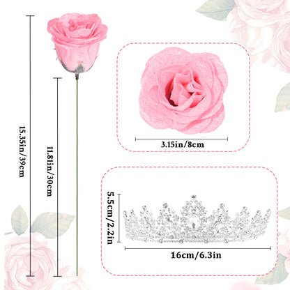 Yastouay Valentines Day Glitter Roses Bouquet,36pcs Pink Roses Artificial Flowers for Wedding Valentines Gifts for Her