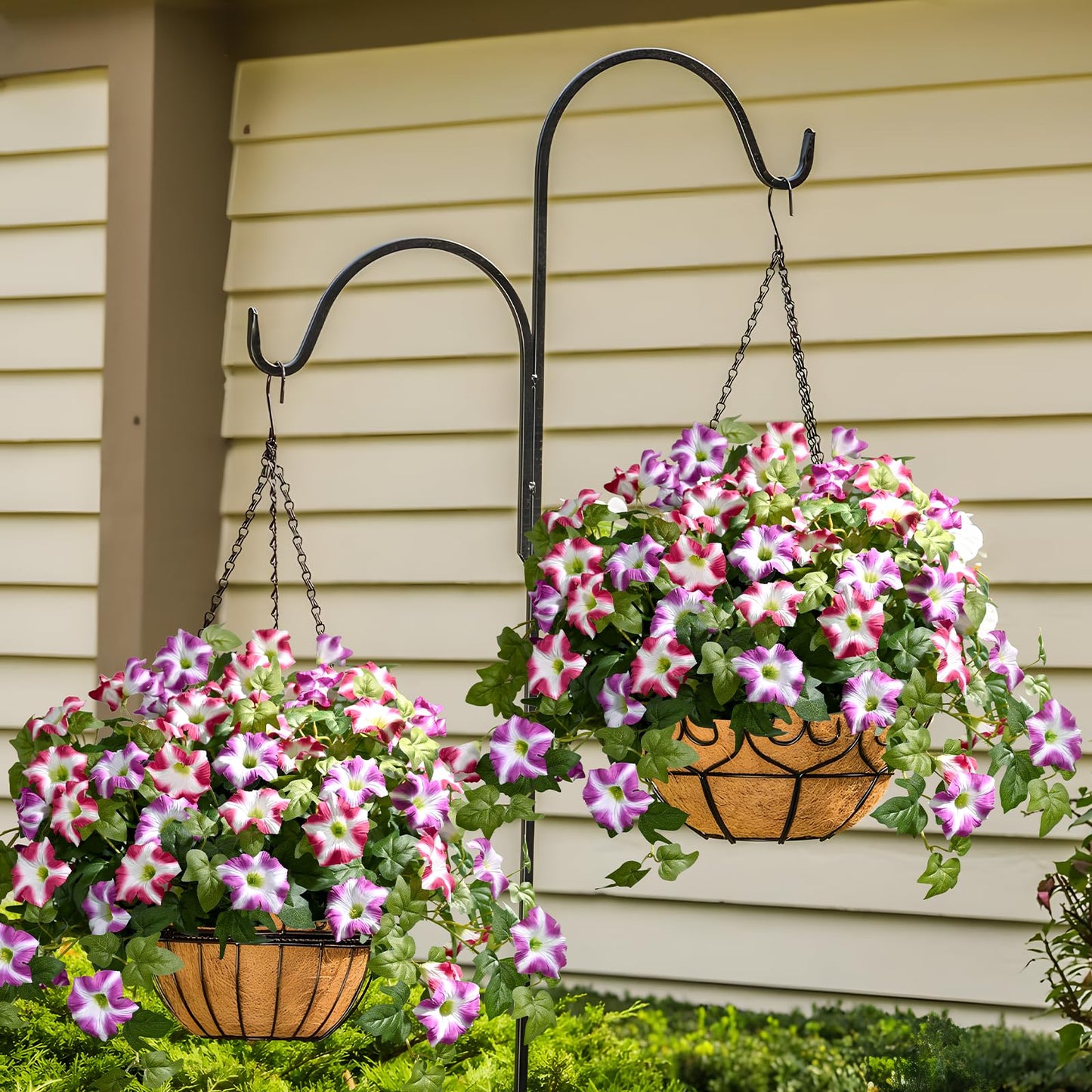 Yastouay 3Pcs Artificial Petunias Hanging Baskets,Purple White UV Resistant Artificial Hanging Flowers for Outdoors,Easter Basket for Home Garden Porch Decor