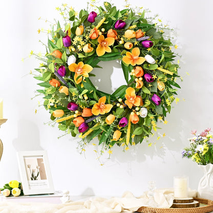 Yastouay 24 inch Spring Wreaths for Front Door, Artificial Tulip Summer Door Wreath for Farmhouse Home Porch Decor