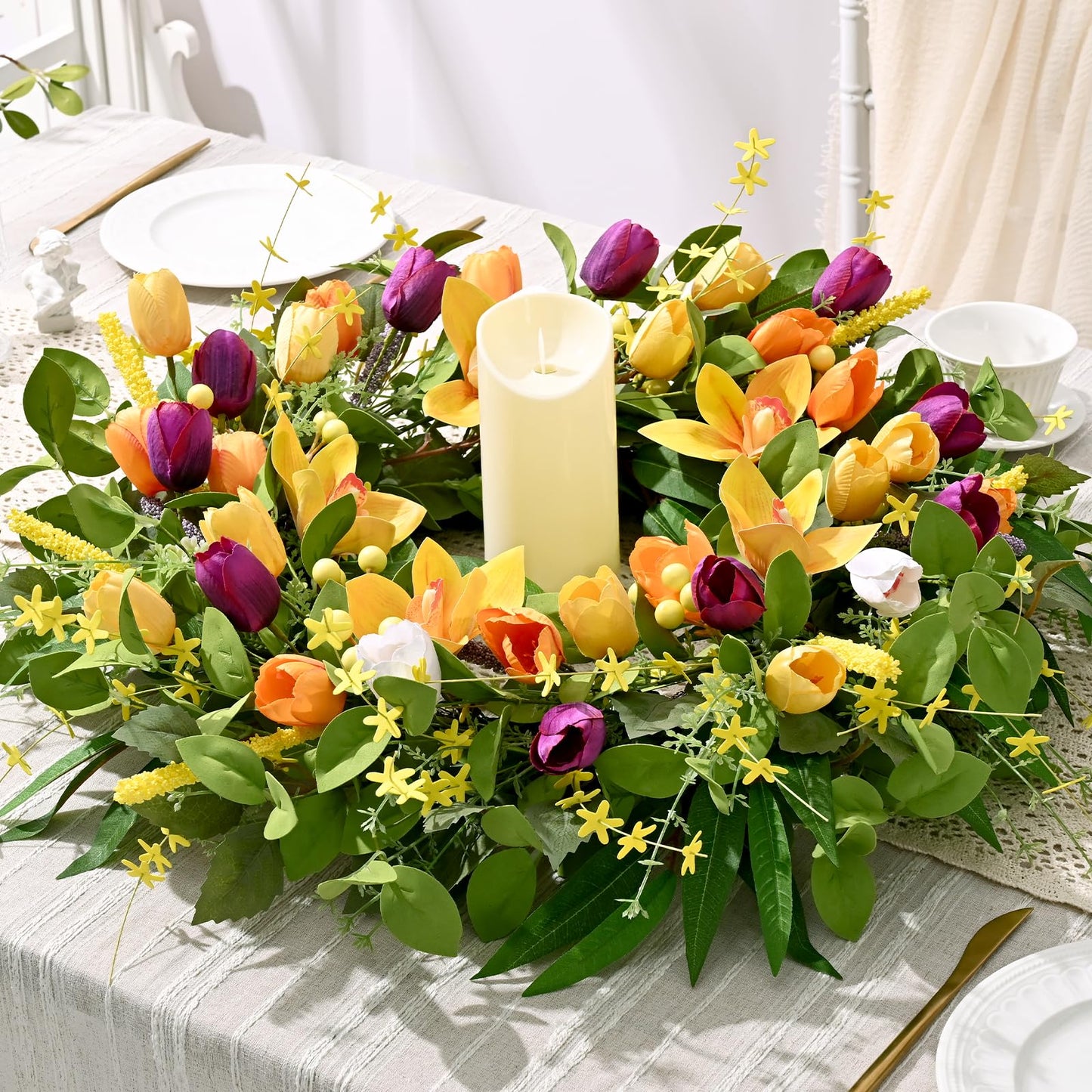 Yastouay 24 inch Spring Wreaths for Front Door, Artificial Tulip Summer Door Wreath for Farmhouse Home Porch Decor