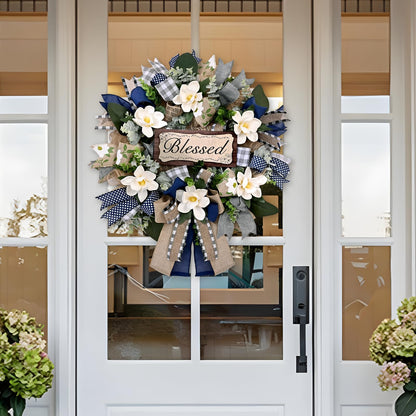 Yastouay 22 Inch Spring Wreaths for Front Door,Magnolia Wreath Buffalo Plaid Door Wreath for Farmhouse Decor