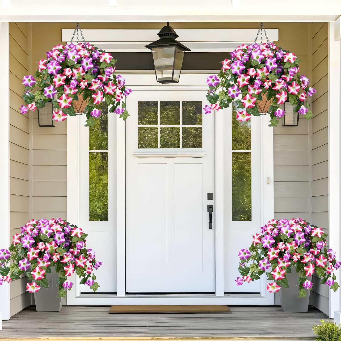 Yastouay 3Pcs Artificial Petunias Hanging Baskets,Purple White UV Resistant Artificial Hanging Flowers for Outdoors,Easter Basket for Home Garden Porch Decor
