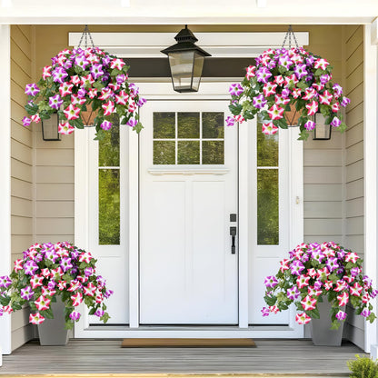 Yastouay 3Pcs Artificial Petunias Hanging Baskets,Purple White UV Resistant Artificial Hanging Flowers for Outdoors,Easter Basket for Home Garden Porch Decor
