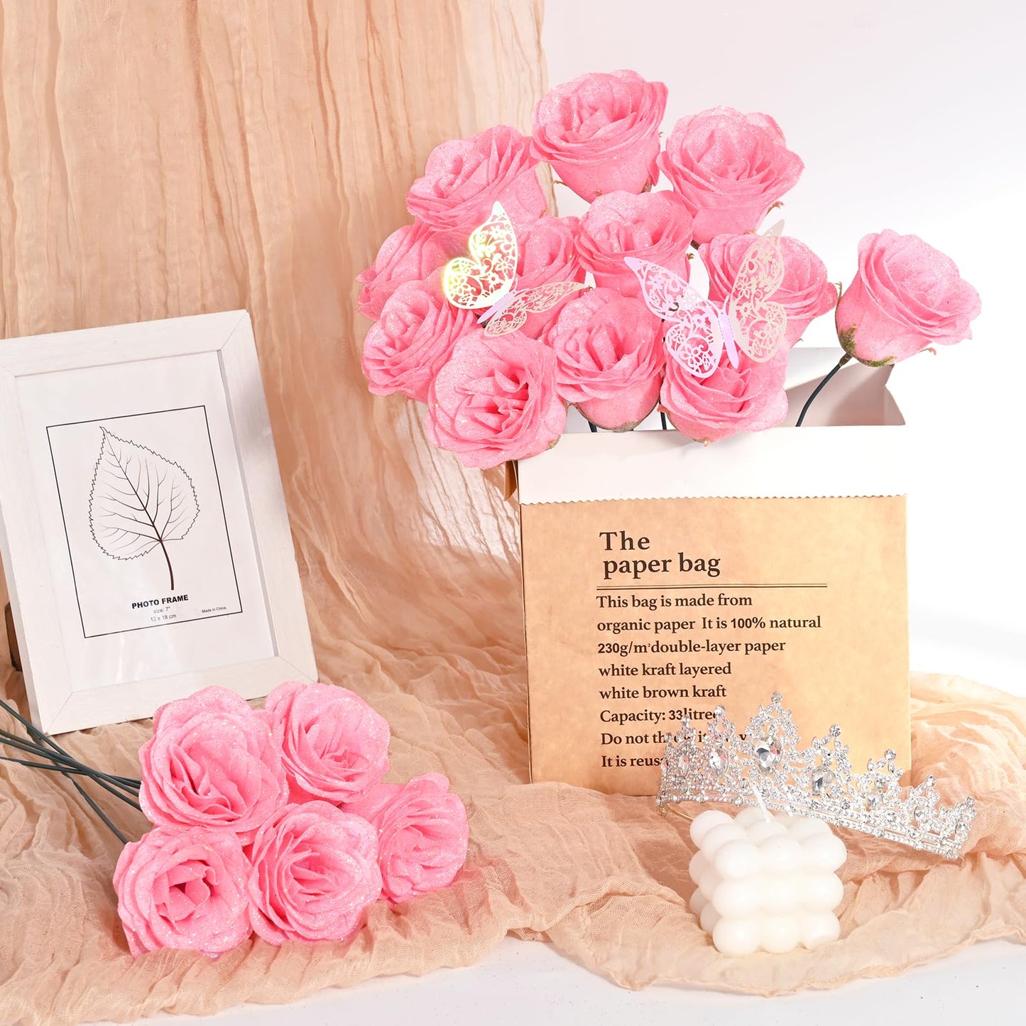 Yastouay Valentines Day Glitter Roses Bouquet,36pcs Pink Roses Artificial Flowers for Wedding Valentines Gifts for Her