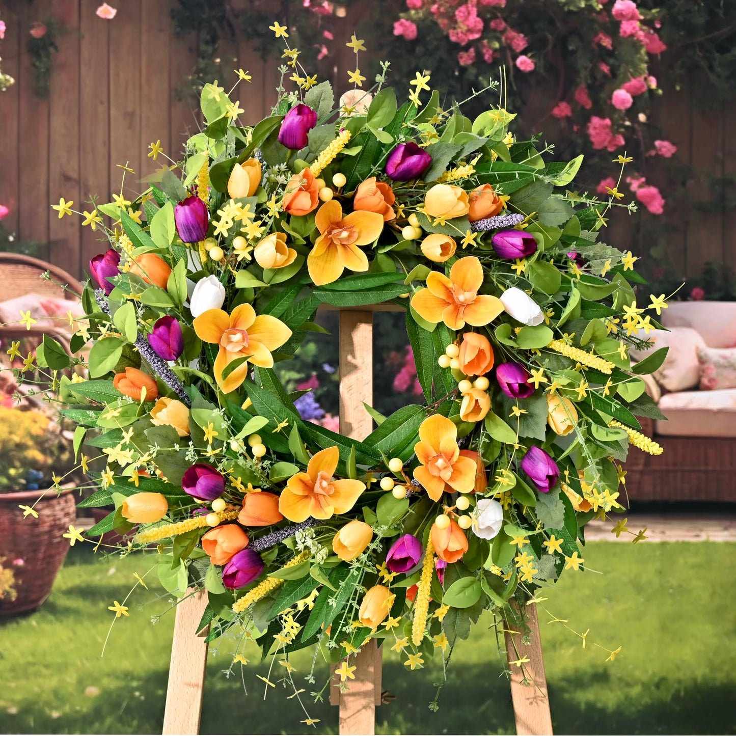 Yastouay 24 inch Spring Wreaths for Front Door, Artificial Tulip Summer Door Wreath for Farmhouse Home Porch Decor