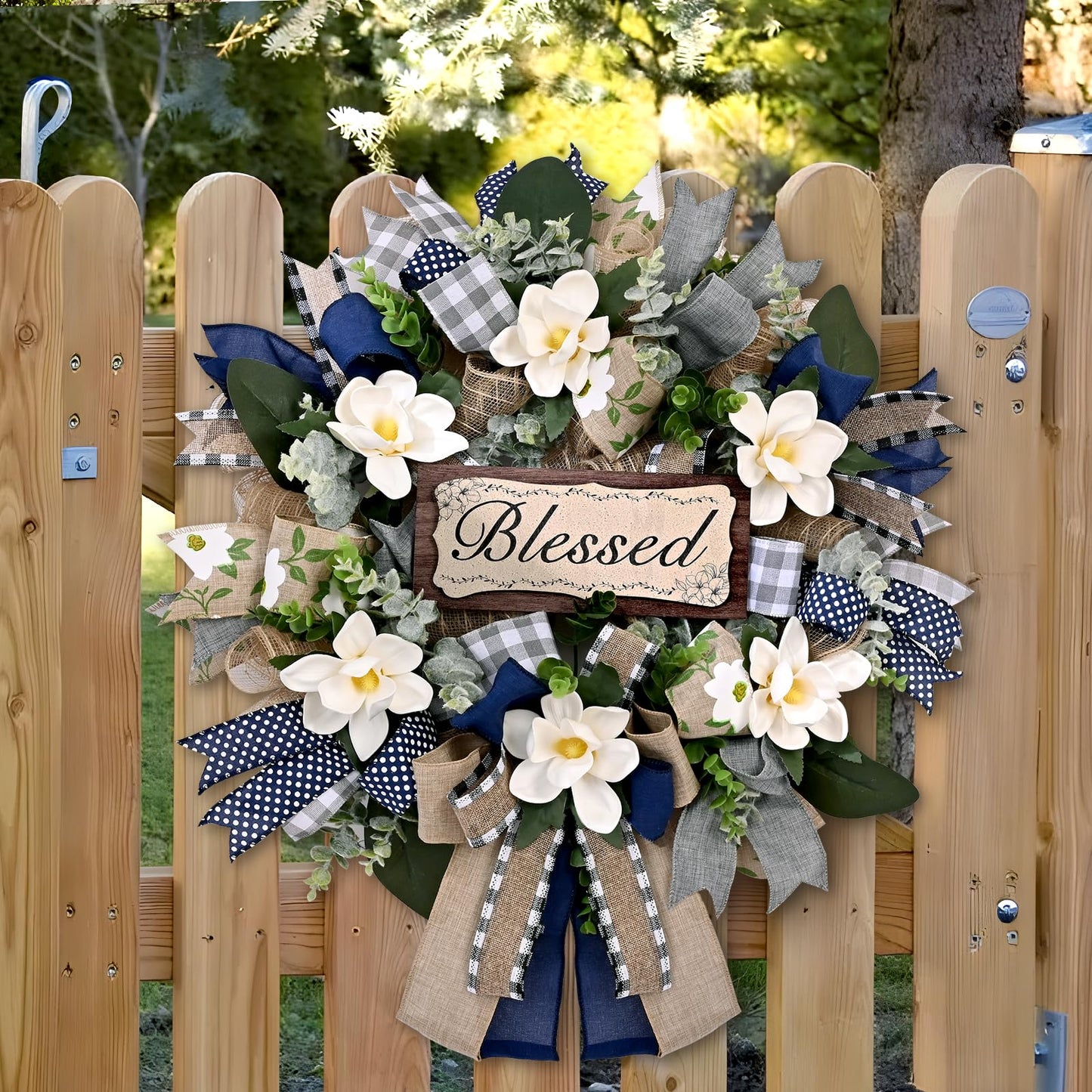 Yastouay 22 Inch Spring Wreaths for Front Door,Magnolia Wreath Buffalo Plaid Door Wreath for Farmhouse Decor