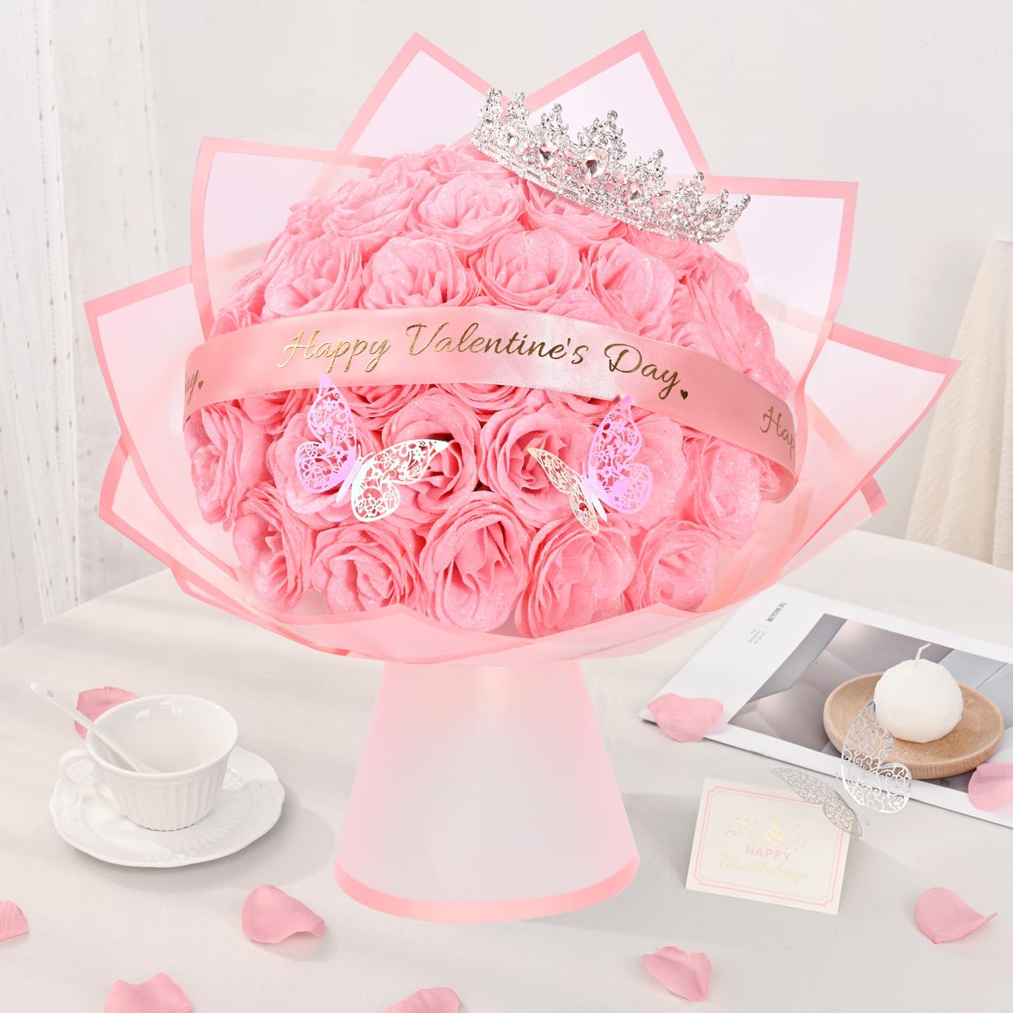 Yastouay Valentines Day Glitter Roses Bouquet,36pcs Pink Roses Artificial Flowers for Wedding Valentines Gifts for Her