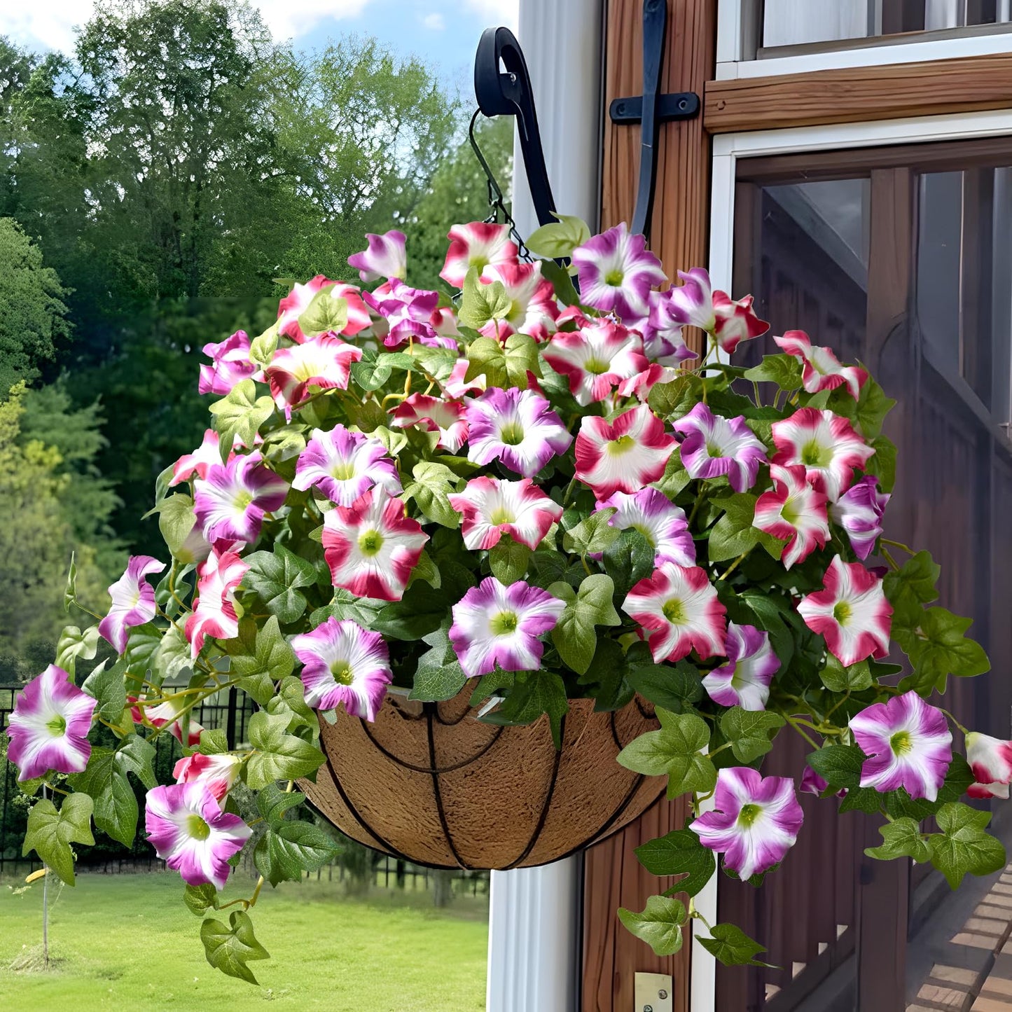 Yastouay 3Pcs Artificial Petunias Hanging Baskets,Purple White UV Resistant Artificial Hanging Flowers for Outdoors,Easter Basket for Home Garden Porch Decor