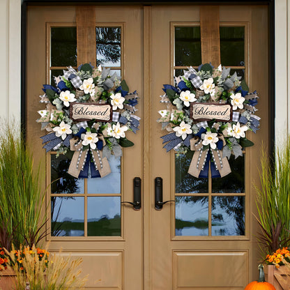 Yastouay 22 Inch Spring Wreaths for Front Door,Magnolia Wreath Buffalo Plaid Door Wreath for Farmhouse Decor