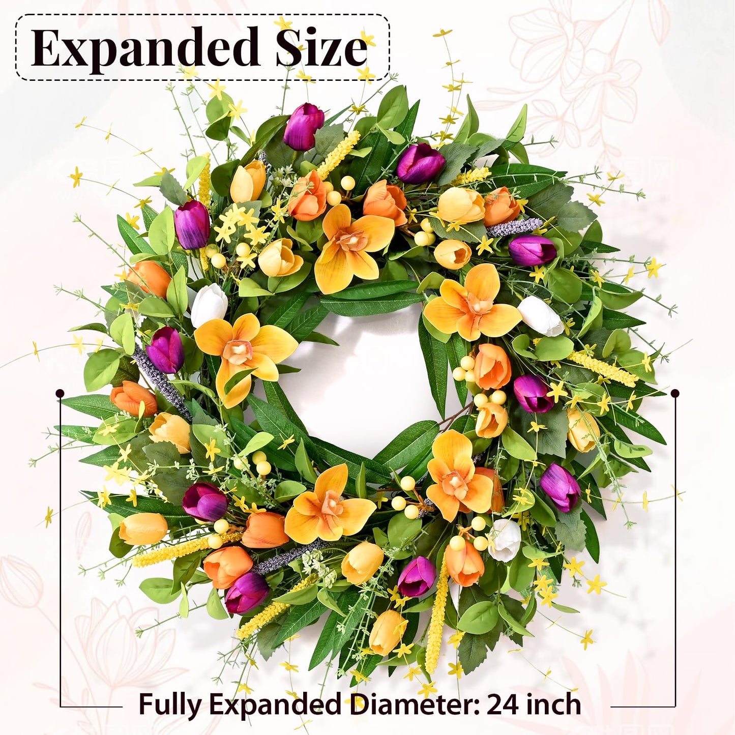 Yastouay 24 inch Spring Wreaths for Front Door, Artificial Tulip Summer Door Wreath for Farmhouse Home Porch Decor