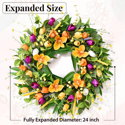 Yastouay 24 inch Spring Wreaths for Front Door, Artificial Tulip Summer Door Wreath for Farmhouse Home Porch Decor