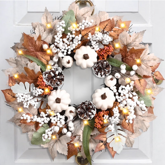Yastouay 20" Fall Wreath for Front Door With Lights for Thanksgiving Farmhouse Harvest Fall Decor
